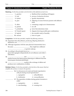 Chapter 11 Introduction to Genetics Chapter Vocabulary Review