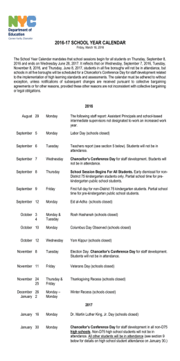 2016-17 SCHOOL YEAR CALENDAR