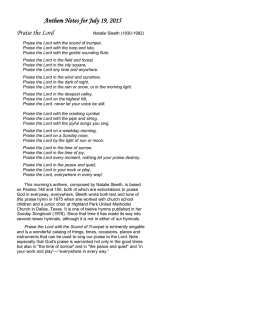 Anthem Notes for July 19, 2015 Praise the Lord