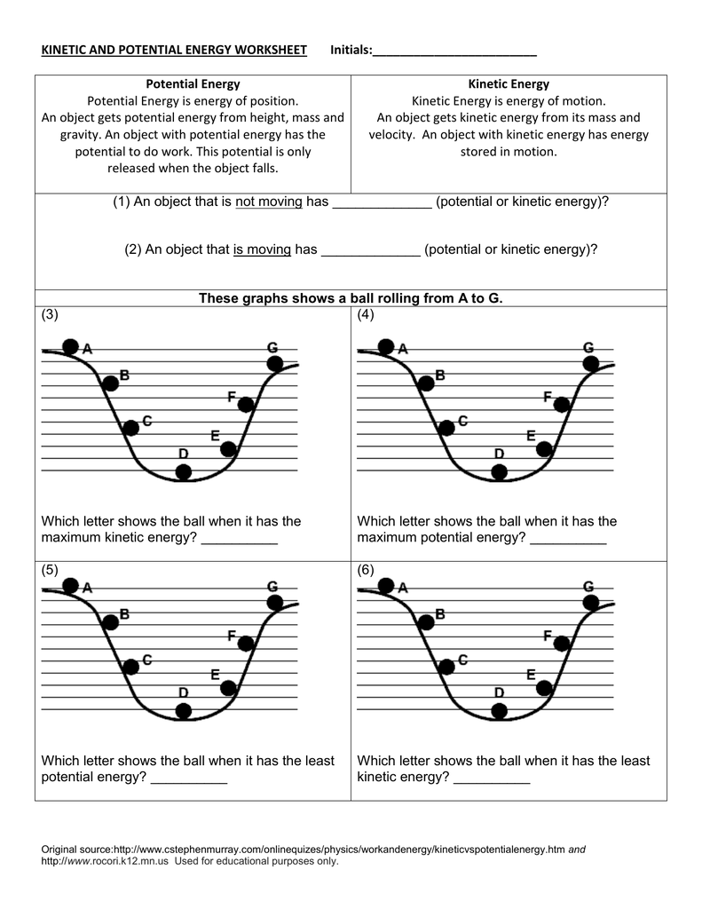 KINETIC AND POTENTIAL ENERGY WORKSHEET With Potential Vs Kinetic Energy Worksheet