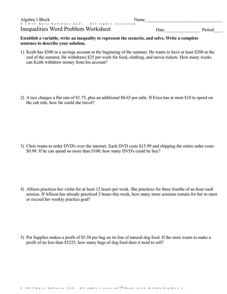 Infinite Algebra 25 - Inequalities Word Problem Worksheet For Algebra 1 Word Problems Worksheet