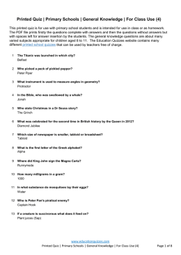 Printed Quiz | Primary Schools | General Knowledge