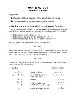 MAT 080-Algebra II Literal Equations