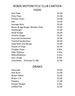 Canteen Menu - Go Girl Racing Australia 2016