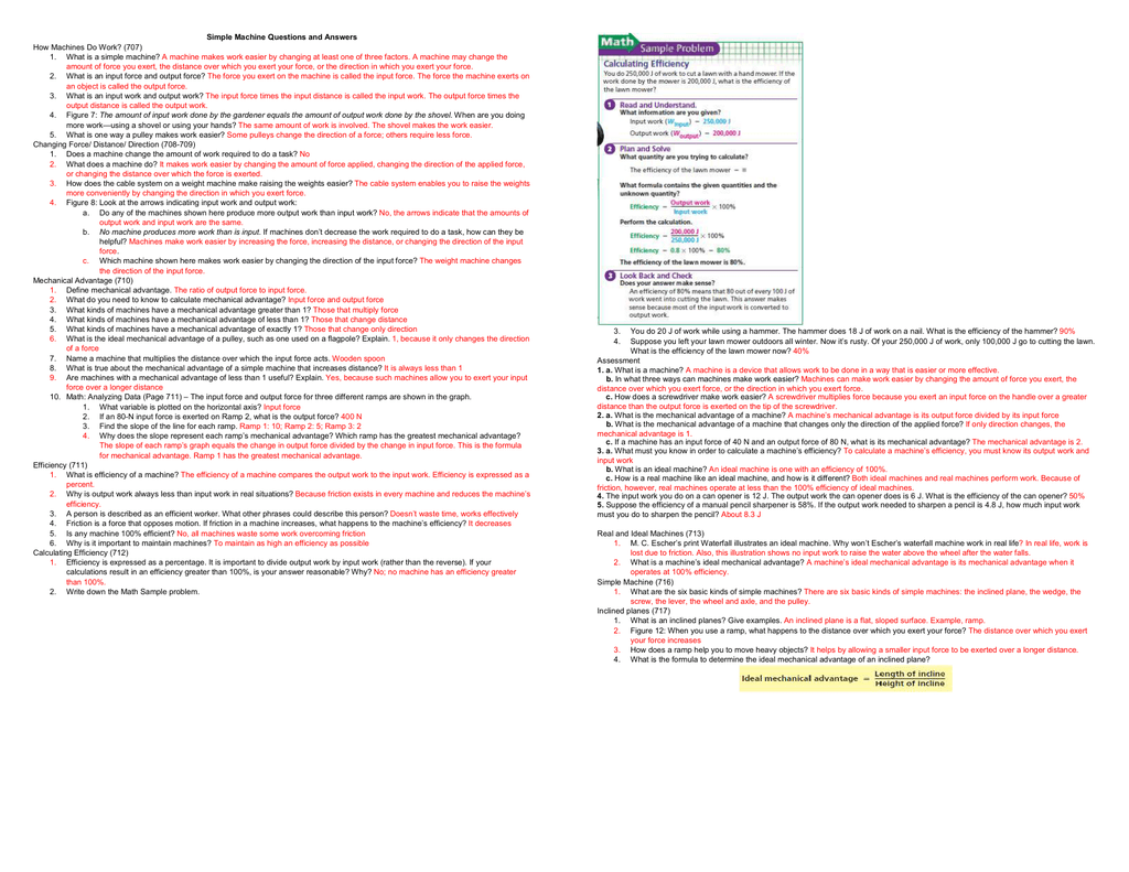 Simple Machine Questions and Answers How Machines Do Work For Simple Machines Worksheet Answers