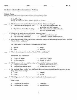 6th: Poetry Collection Three Comprehension Worksheet Multiple