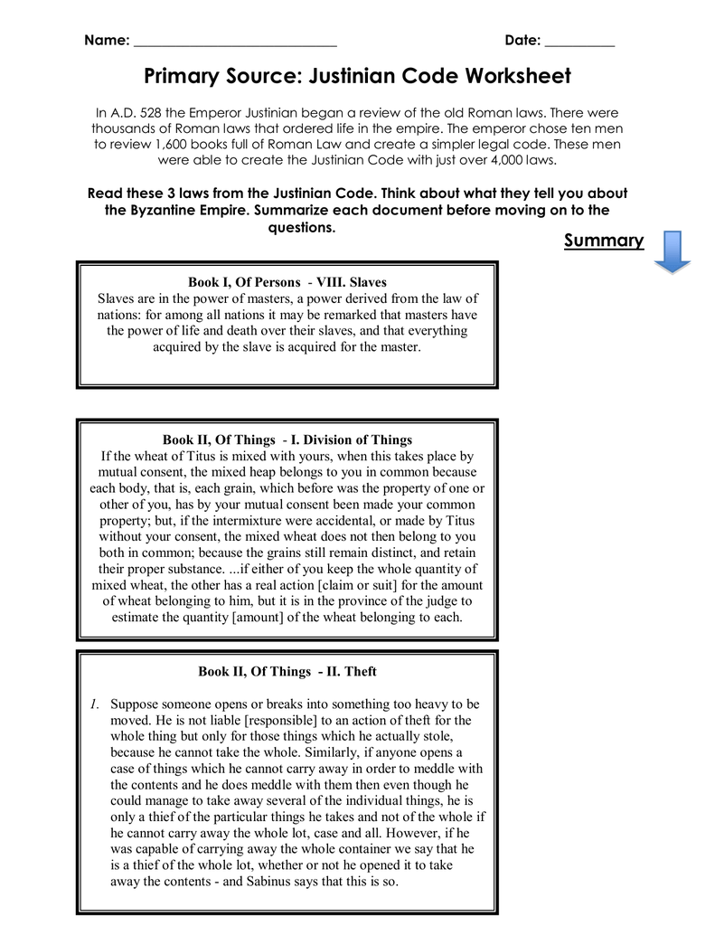 Primary Source Justinian Code Worksheet