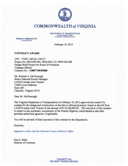 Award Letter - Virginia Department of Transportation