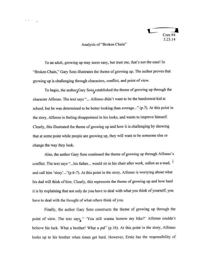 Core 4 Analysis Of Broken Chain To An Adult Growing Up May