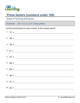 Grade 5 Factoring Worksheet - Prime factors