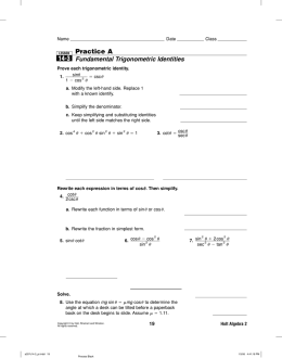 14-3 Practice A Fundamental Trigonometric Identities