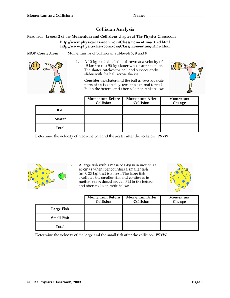 Collision Analysis - The Physics Classroom With Momentum And Collisions Worksheet Answers