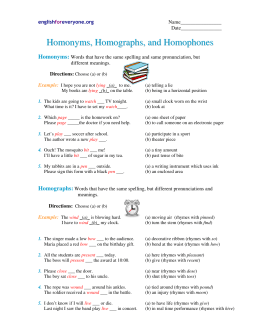 Homonyms, Homographs, and Homophones Worksheet