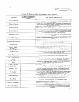 Page 1 - Name: Date: Hr: — Symbiotic Relationships Worksheet