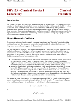 PHY133 - Classical Physics I Laboratory Classical Pendulum