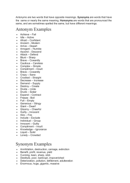 Antonym Examples Synonym Examples