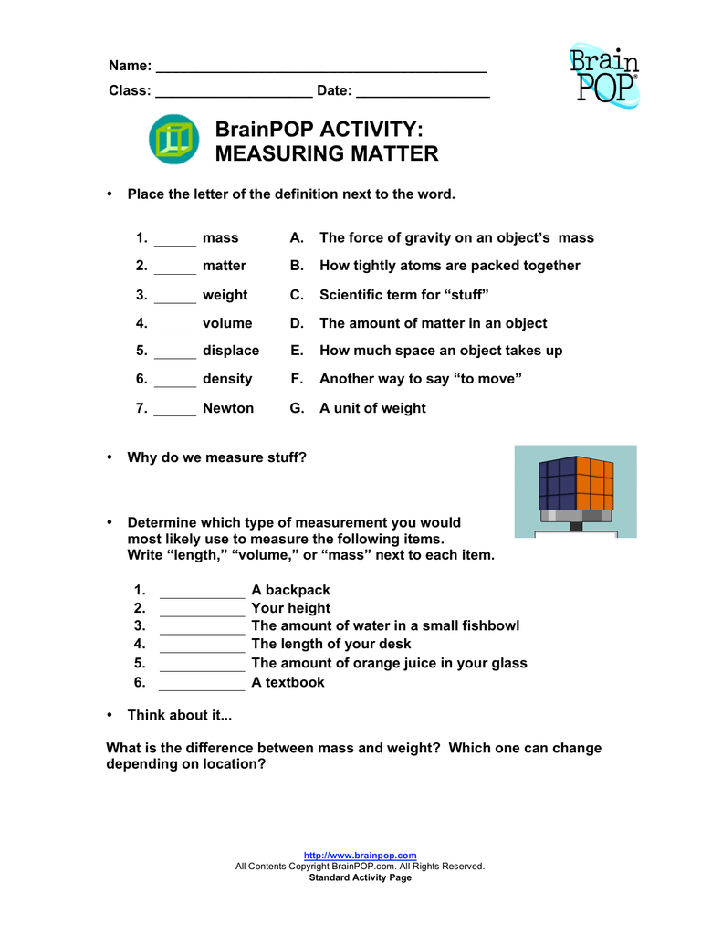 Brainpop Activity Measuring Matter