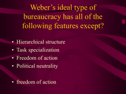 Weber`s ideal type of bureaucracy has all of the following features