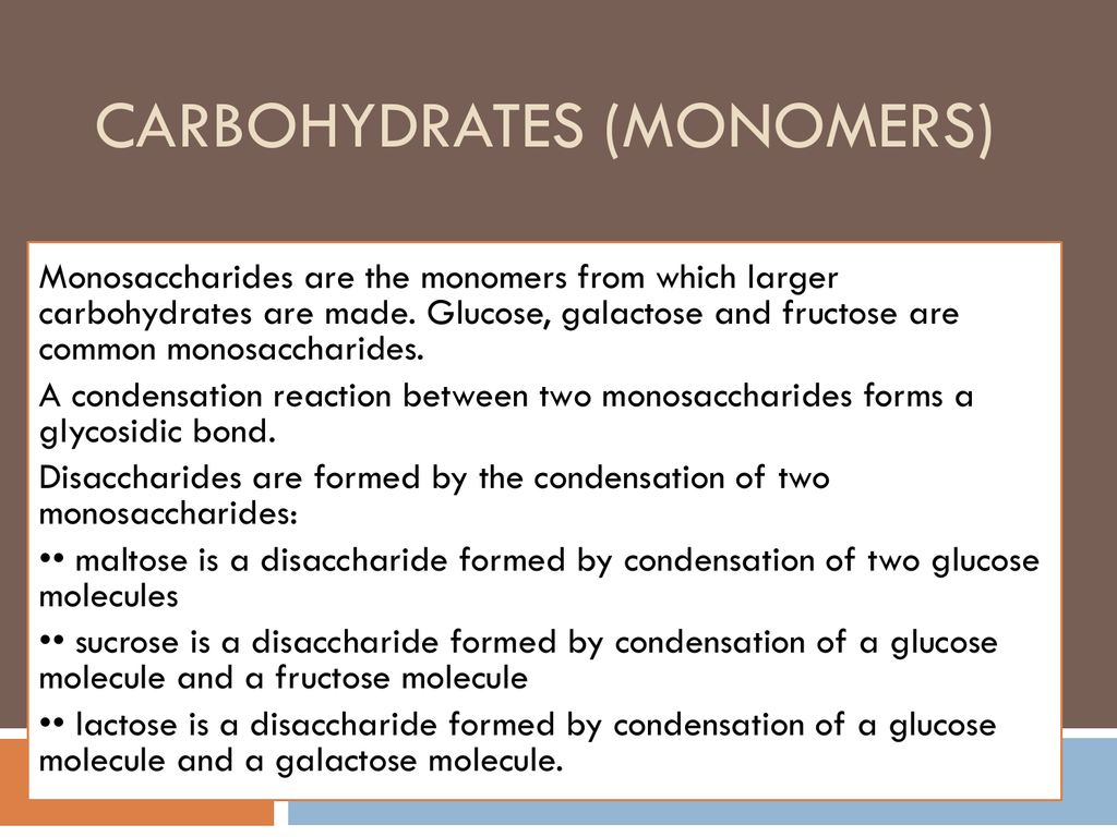 Introduced methods. Reaction between two monosaccharides. Two main Types of monosaccharides.. Monomer перевод на русский. The three most common disaccharides.