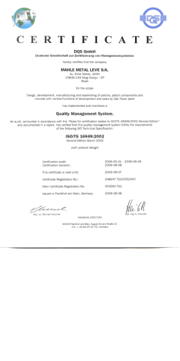 MAHLEPistonsMogiGuaçuISO/TS16949:2002