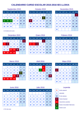 CALENDARIO CURSO ESCOLAR 2015